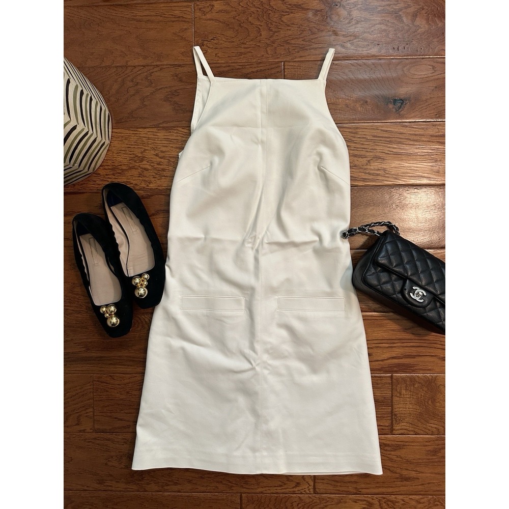 Theory Ivory White Sleeveless Dress Square Neck Front Pocket Mini Shift Size 2